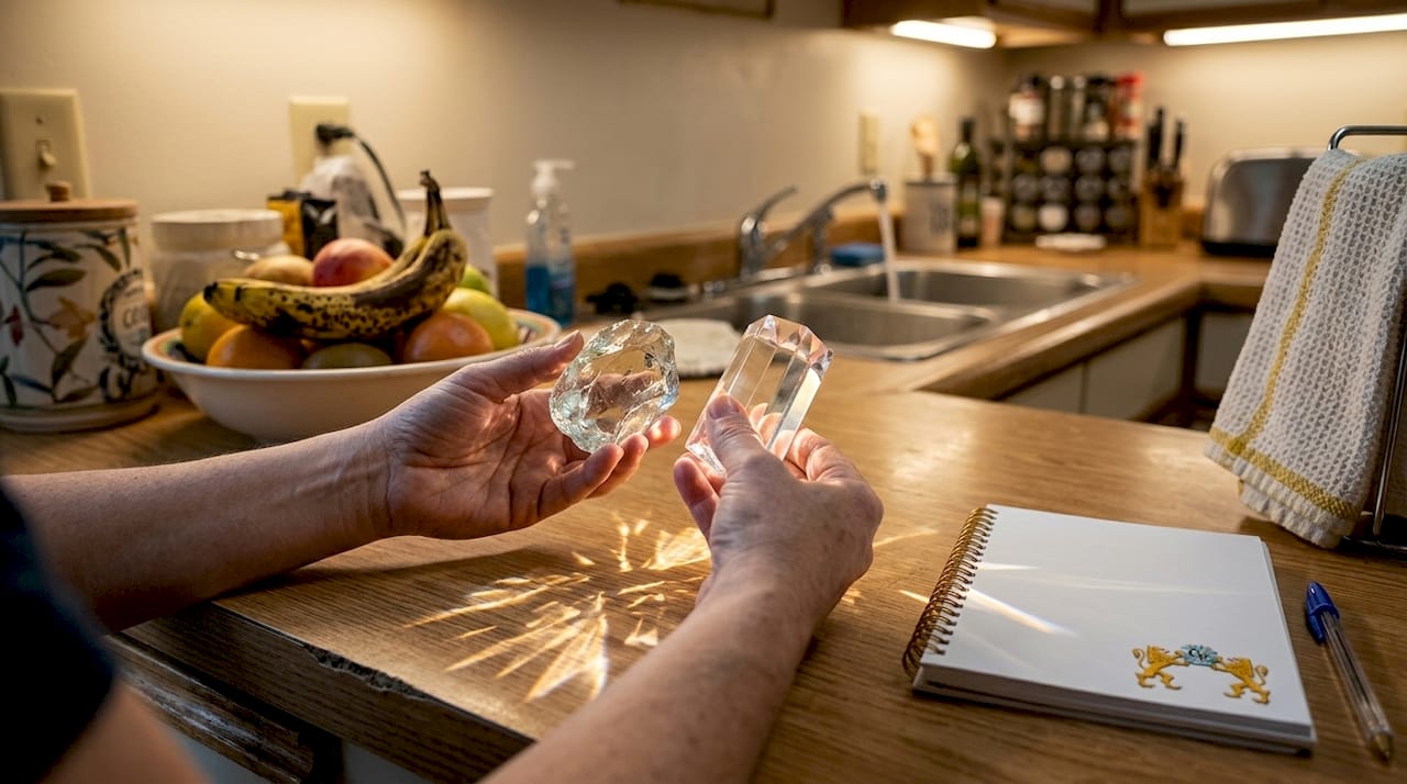 Hands comparing crystal and glass on kitchen counter