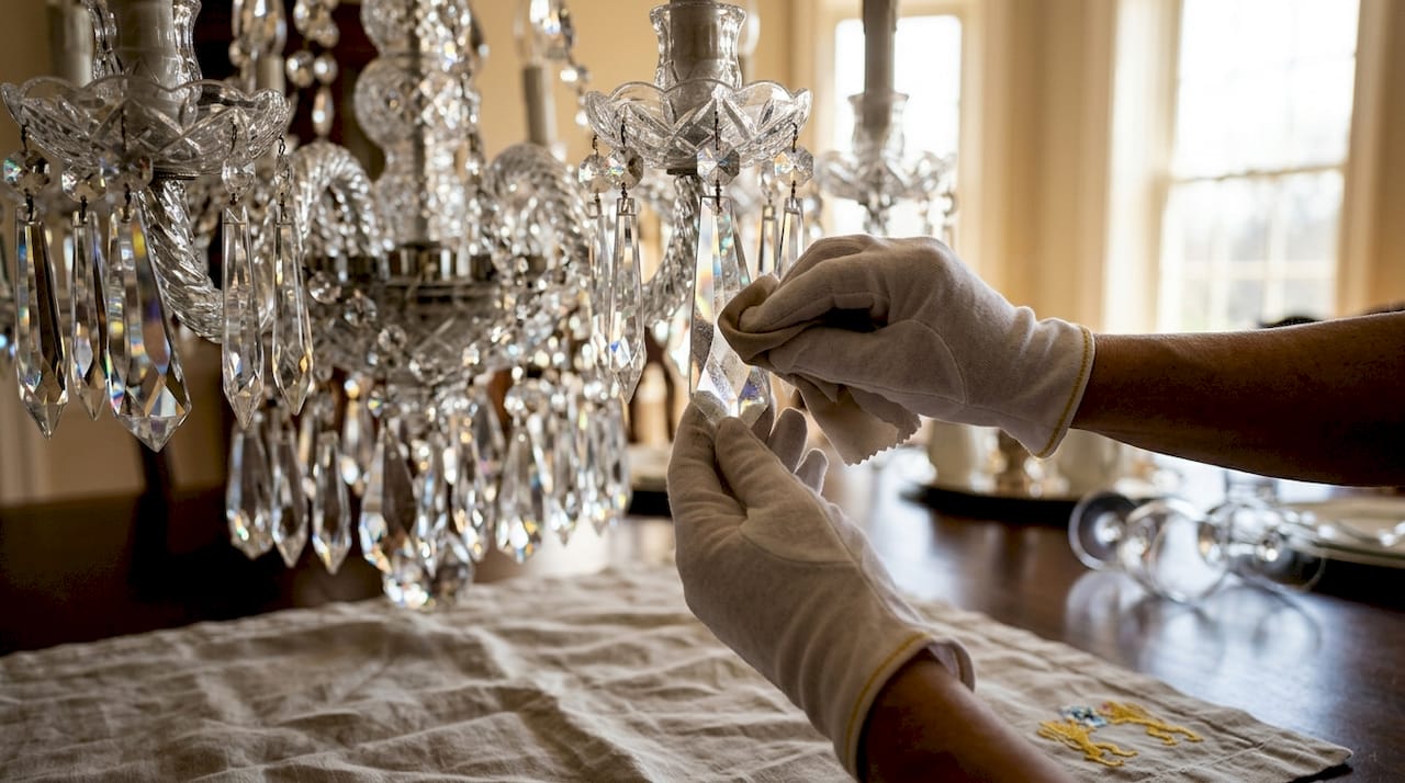 Hands cleaning lead crystal chandelier prisms