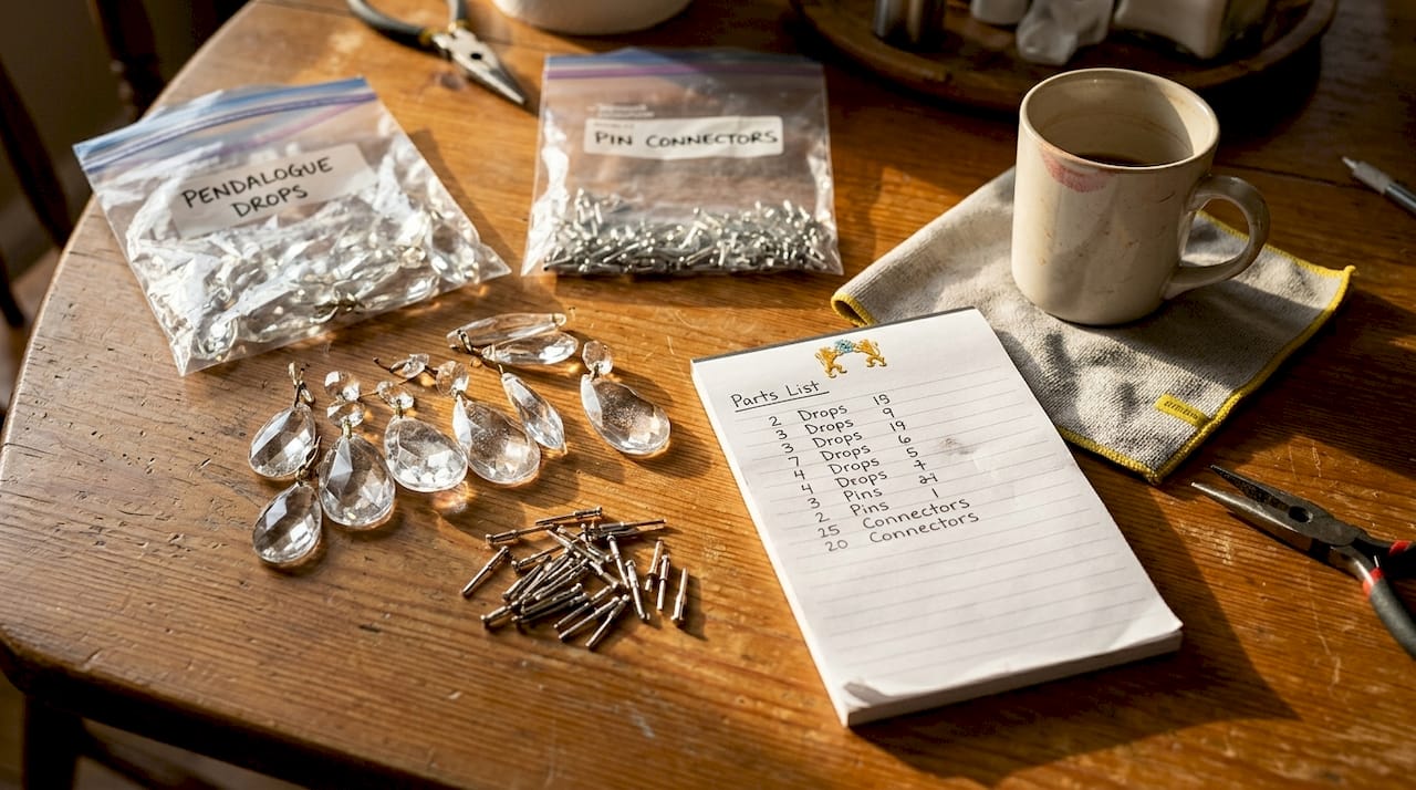 Chandelier parts and tools on kitchen table