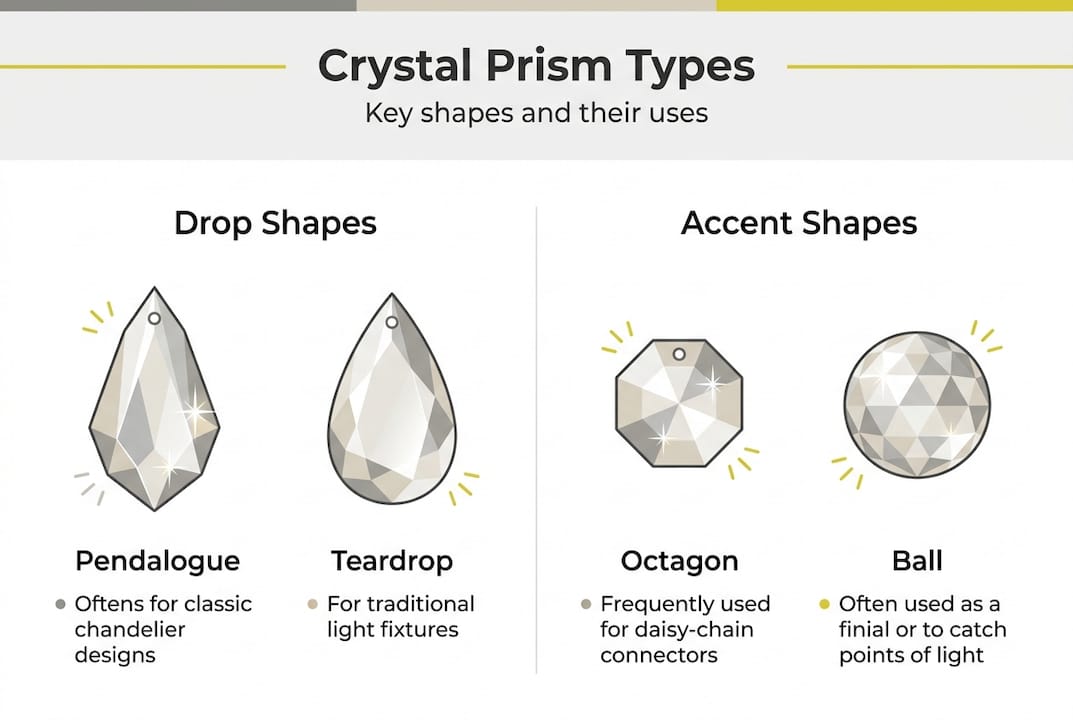 Infographic showing crystal light fixture prism types