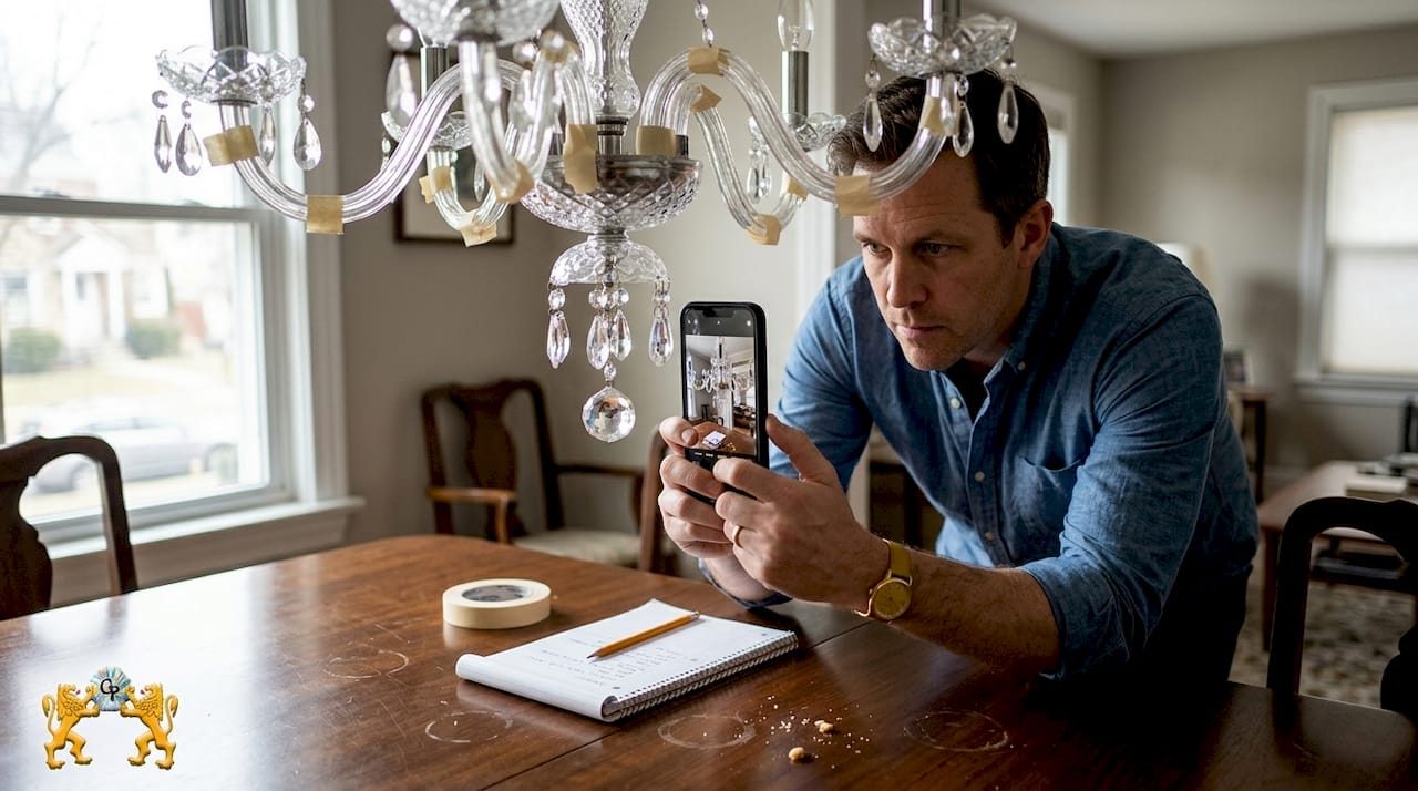 Man photographing chandelier before crystal removal
