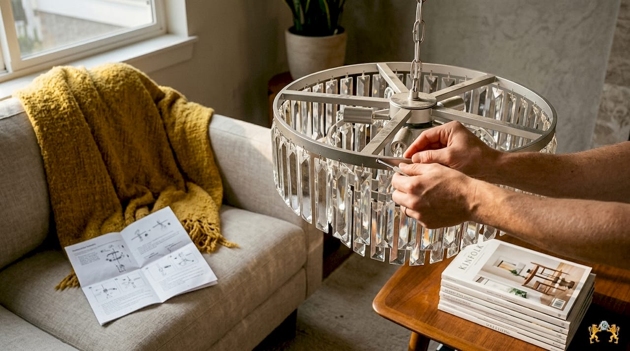 Hand adjusting crystal chandelier detail