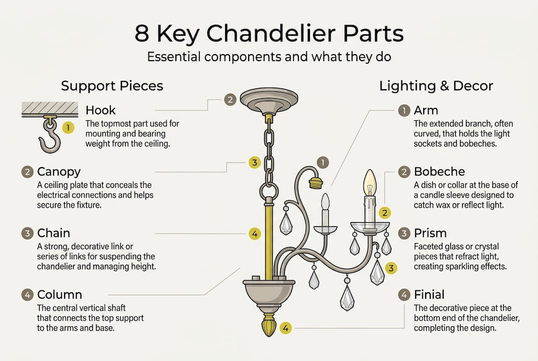 Infographic of key chandelier component names
