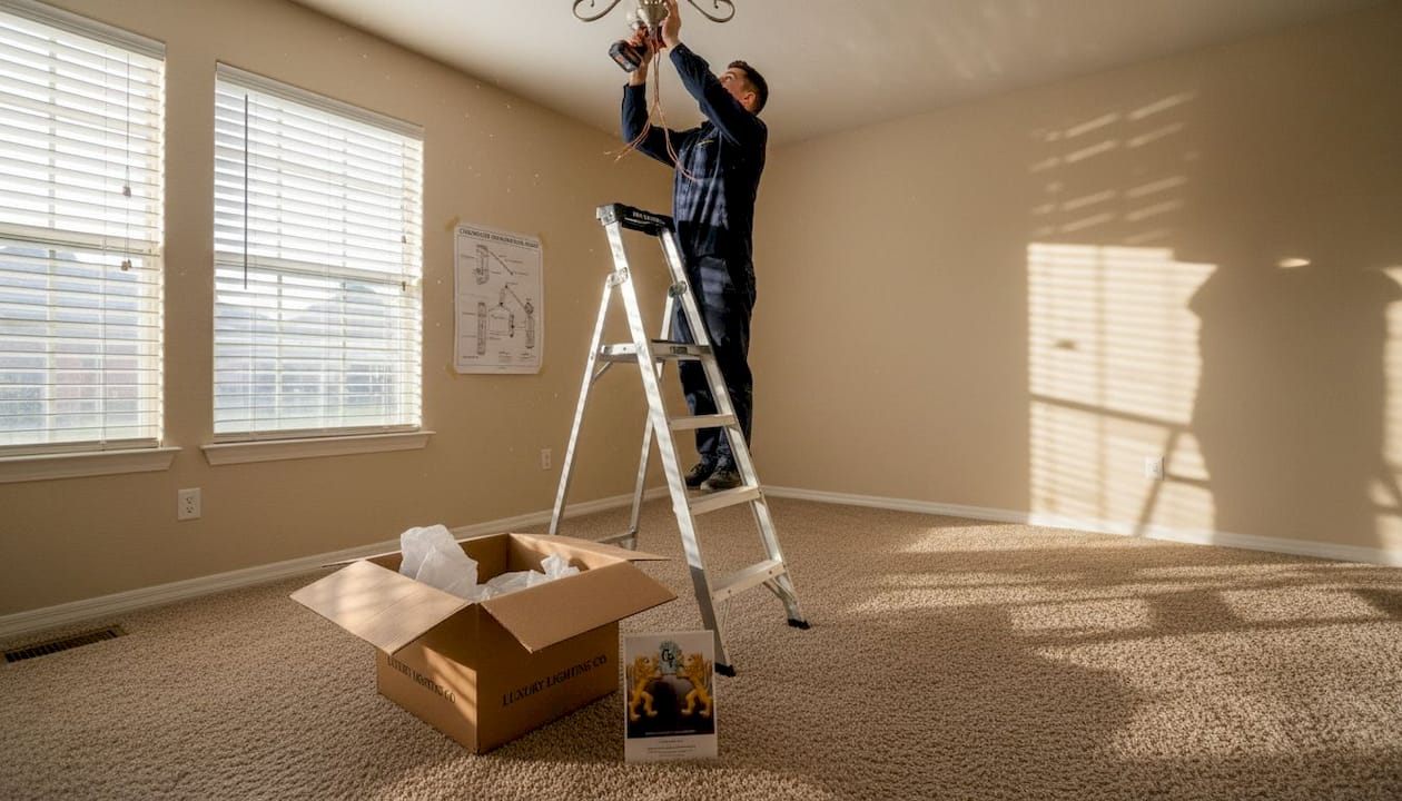 Technician mounts chandelier canopy to ceiling hook