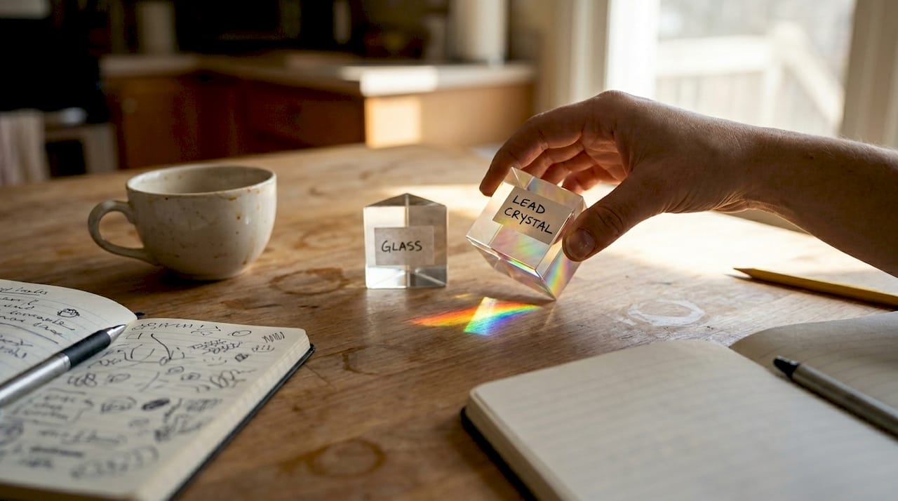 Comparing lead crystal and glass prisms on table