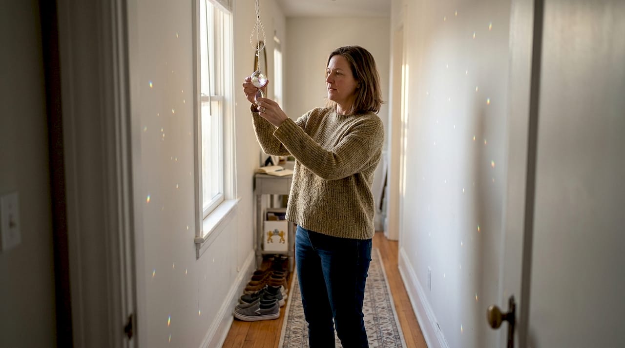 Person placing crystal prism in hallway