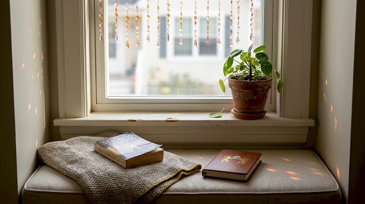 Colored crystal suncatchers illuminate reading nook