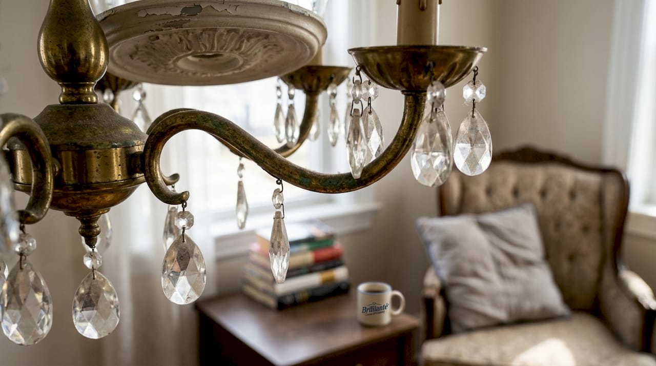 Close-up of chandelier arm with natural patina