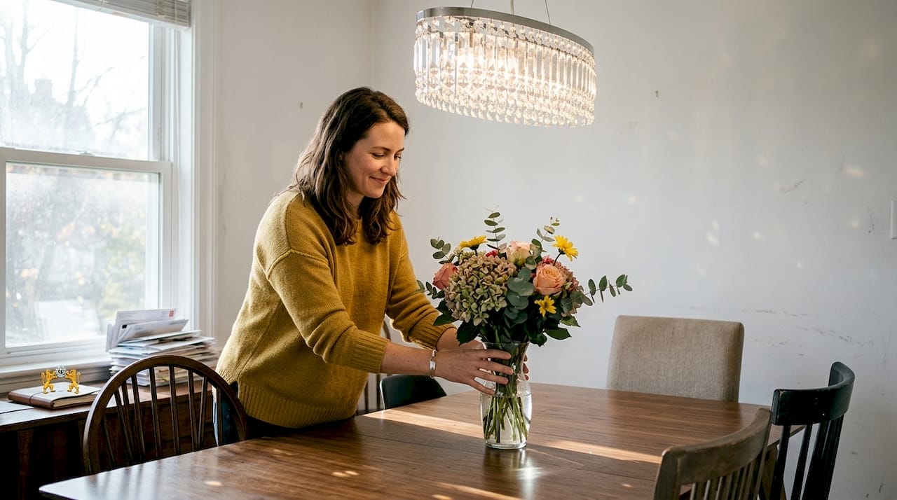 Oval crystal pendant above casual dining table