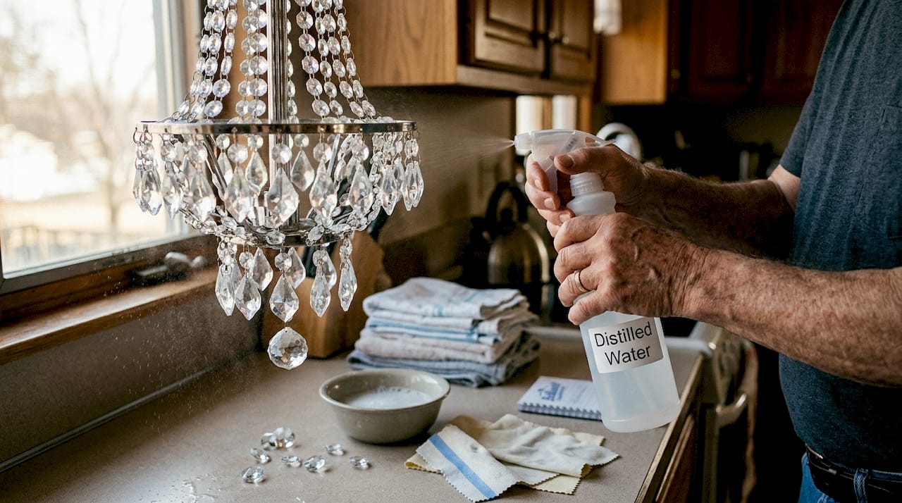 Hands using distilled water to clean chandelier