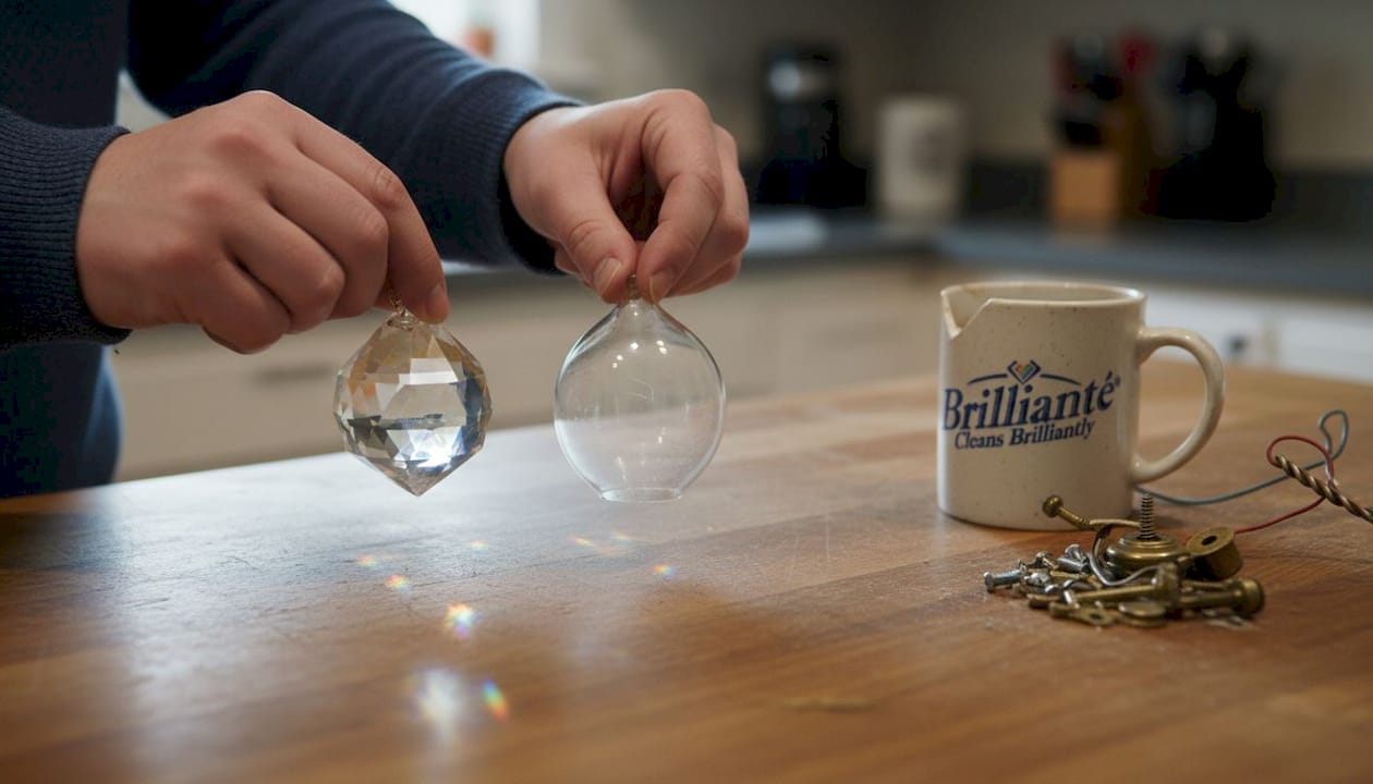 Hands comparing crystal and glass pendants