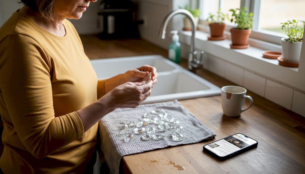 Woman examining chandelier crystal materials
