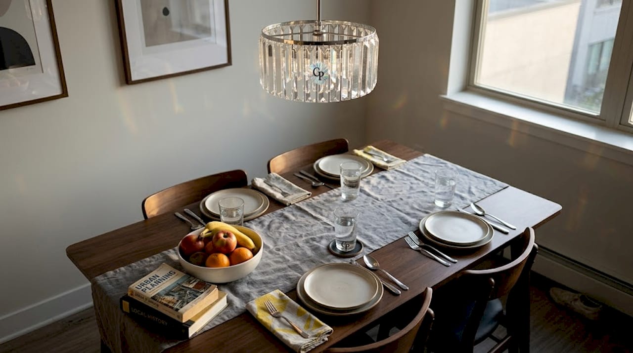 Crystal pendant brightens elegant dining setup