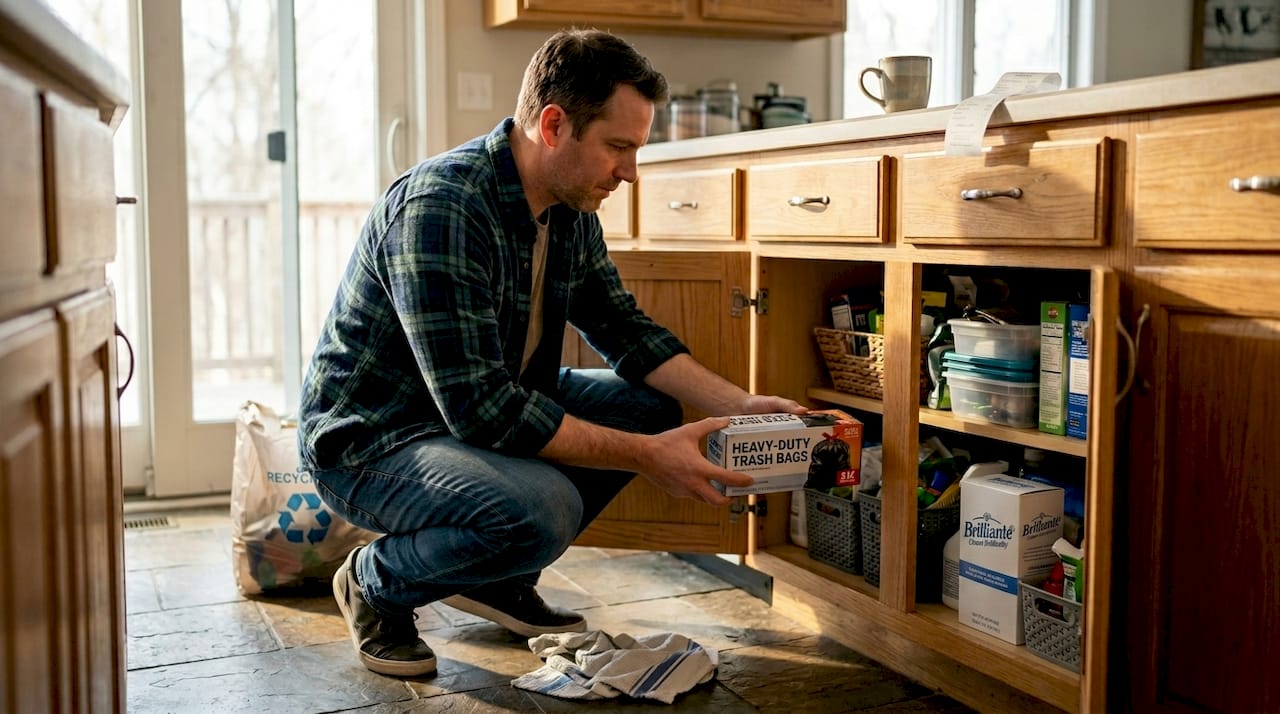 Man refilling lower kitchen storage cabinet