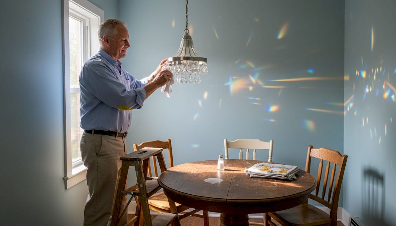 Man polishing crystal pendant, sunlight effects