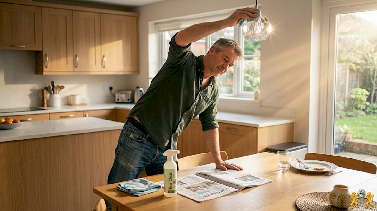 Man cleaning crystal pendant in kitchen