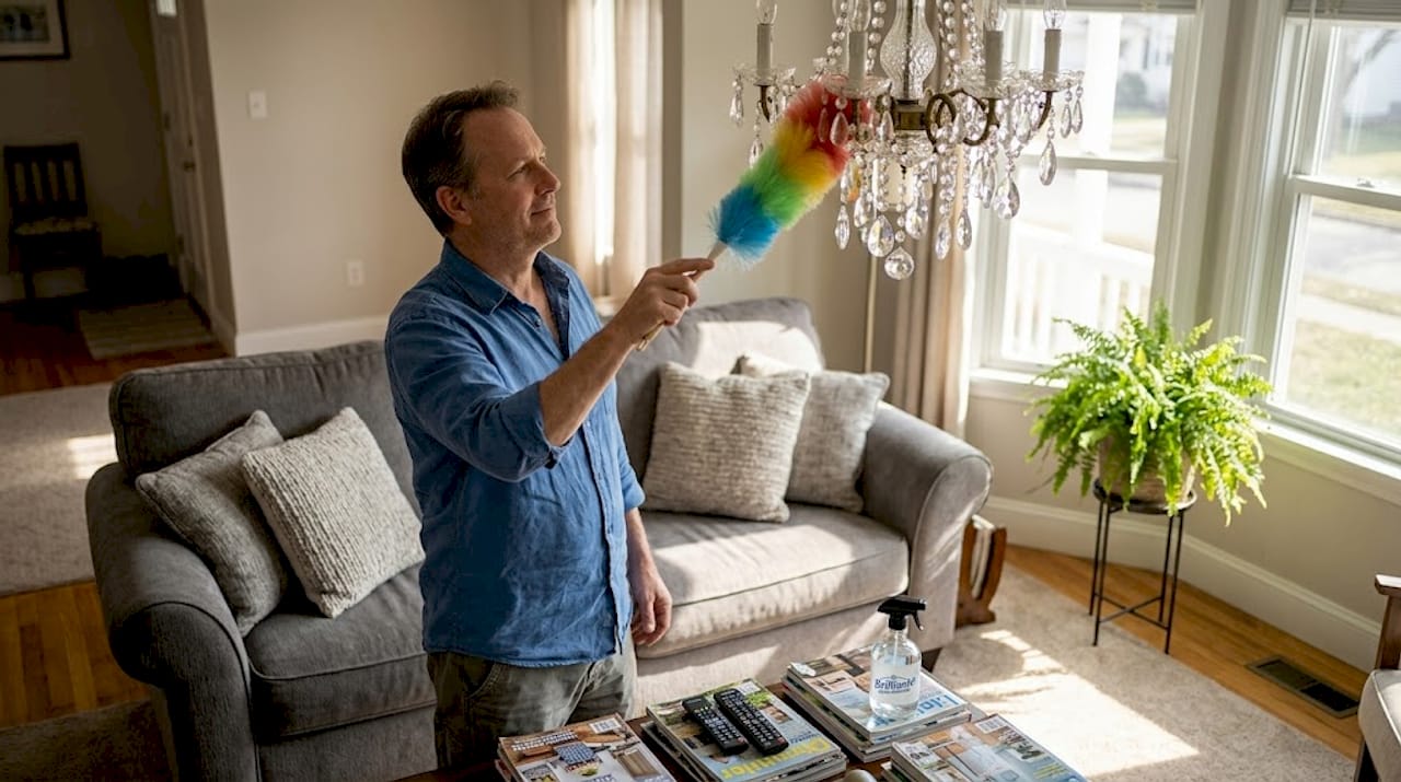 Man dusting chandelier in lived-in living room
