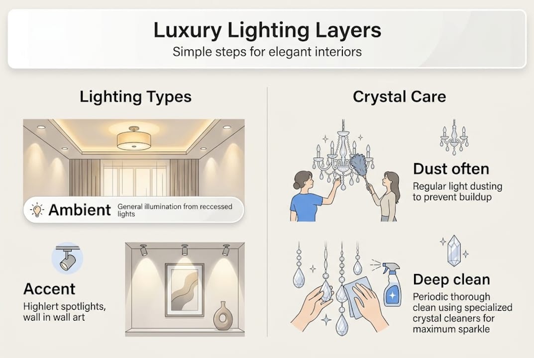 Infographic on lighting types and crystal care