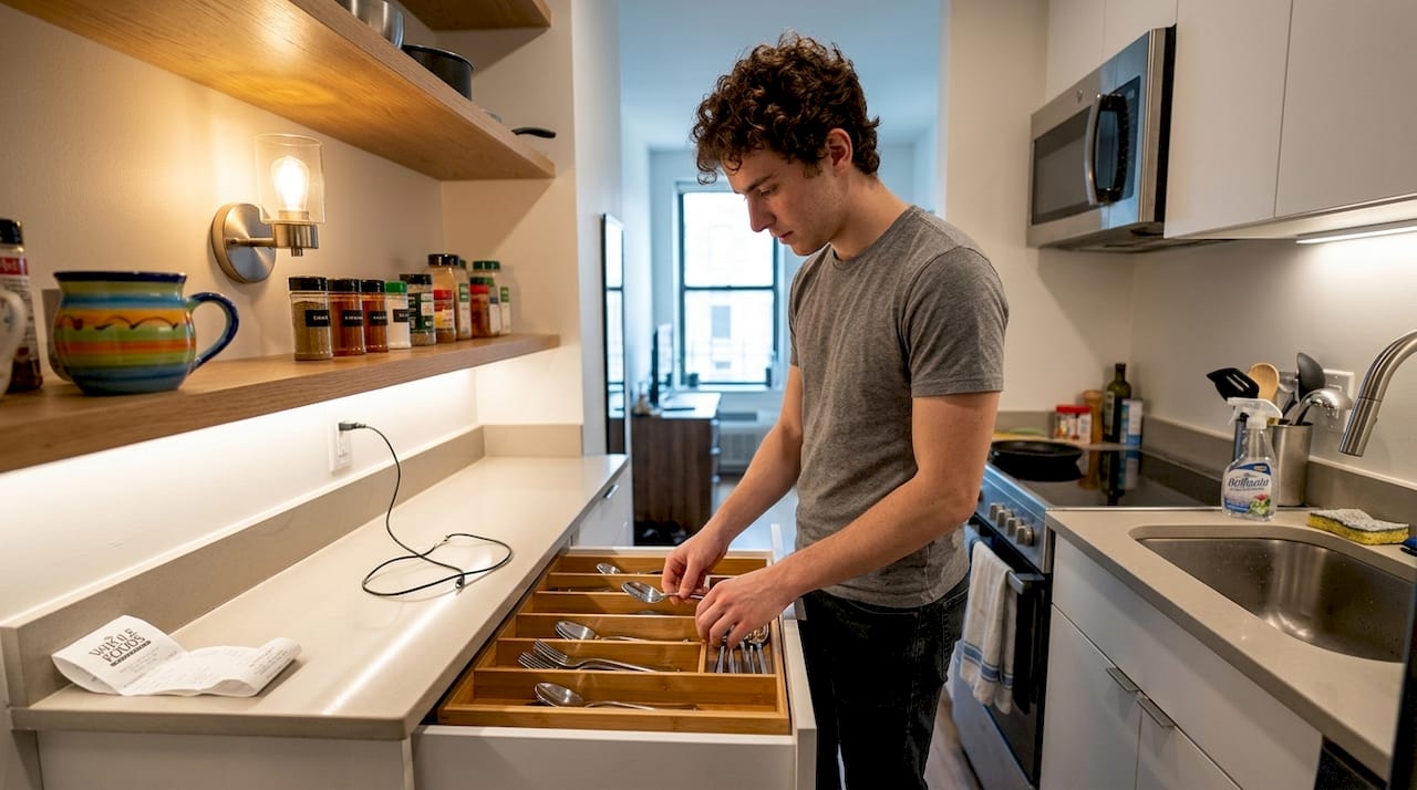 Small kitchen with layered, space-saving lighting