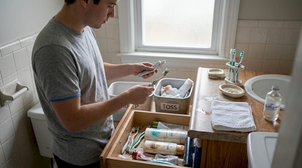 Man sorting bathroom items into bins