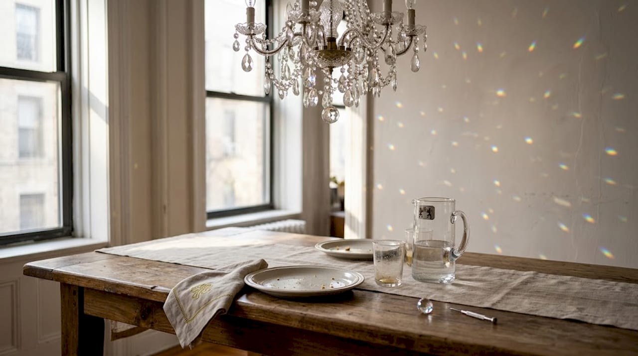 Swarovski chandelier sparkling above dining table