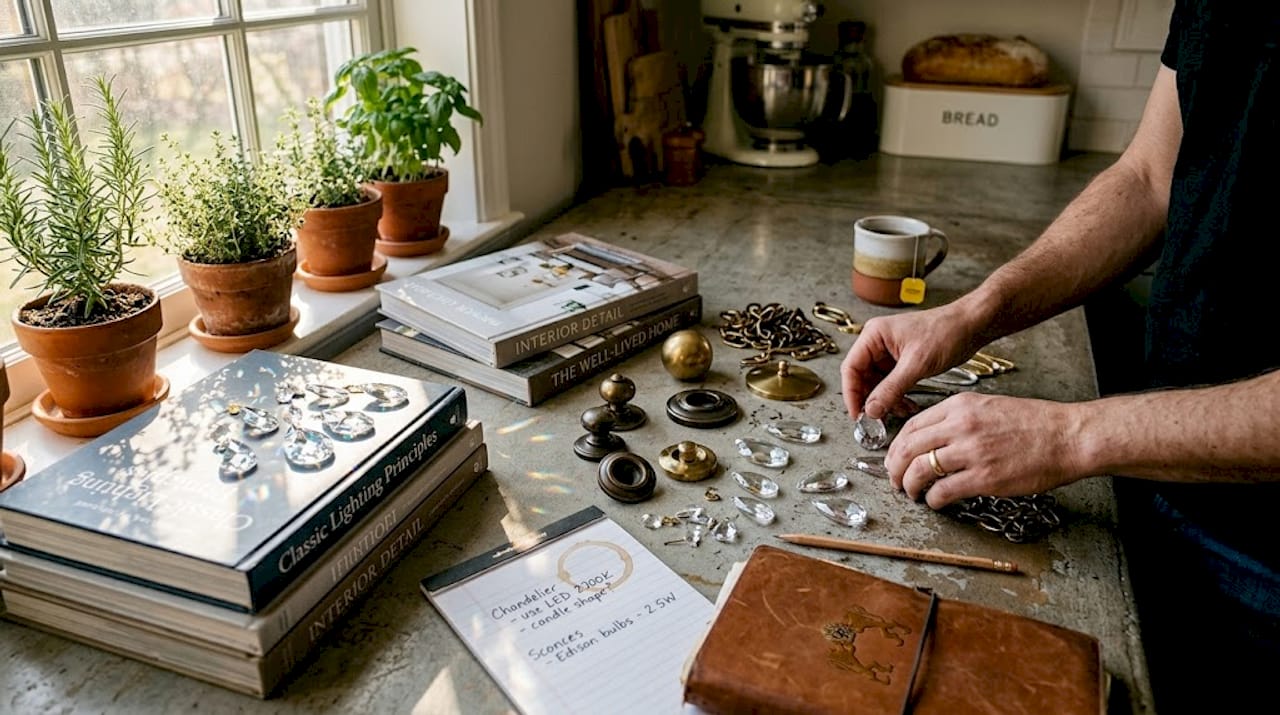 Hands sorting chandelier crystals and hardware