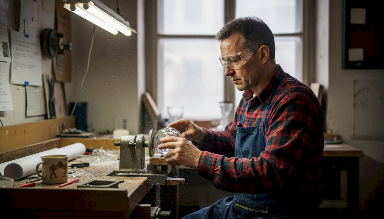 Artisan cutting crystal in workshop