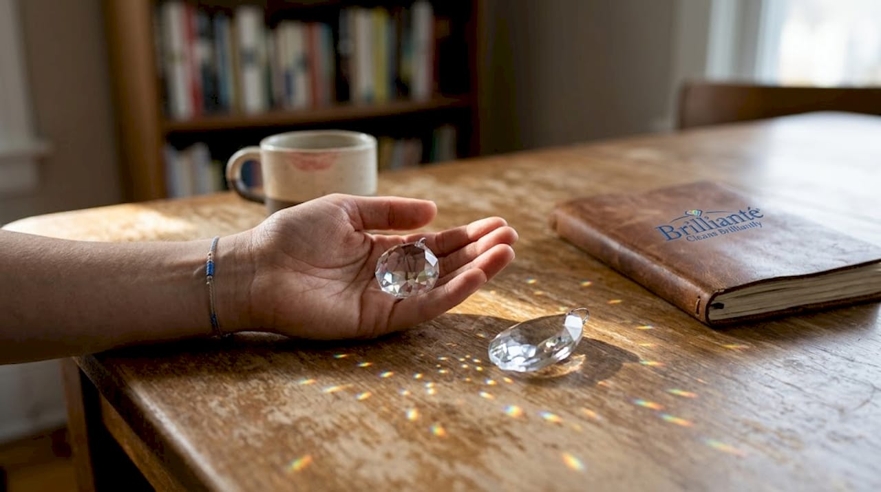 Hand holds crystal pendant showing rainbow effect