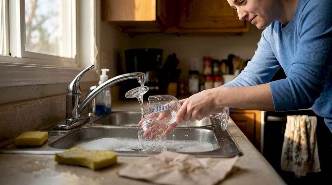Hand-washing wine glasses at home sink