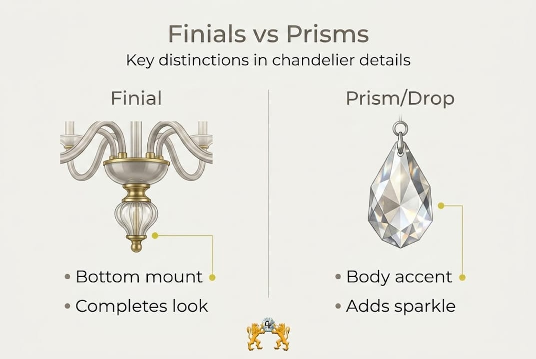 Infographic comparing chandelier finials and prisms