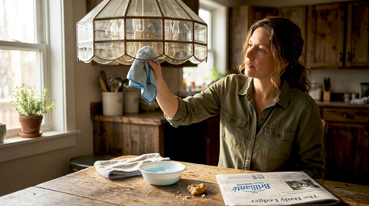 Woman gently cleans glass chandelier in kitchen