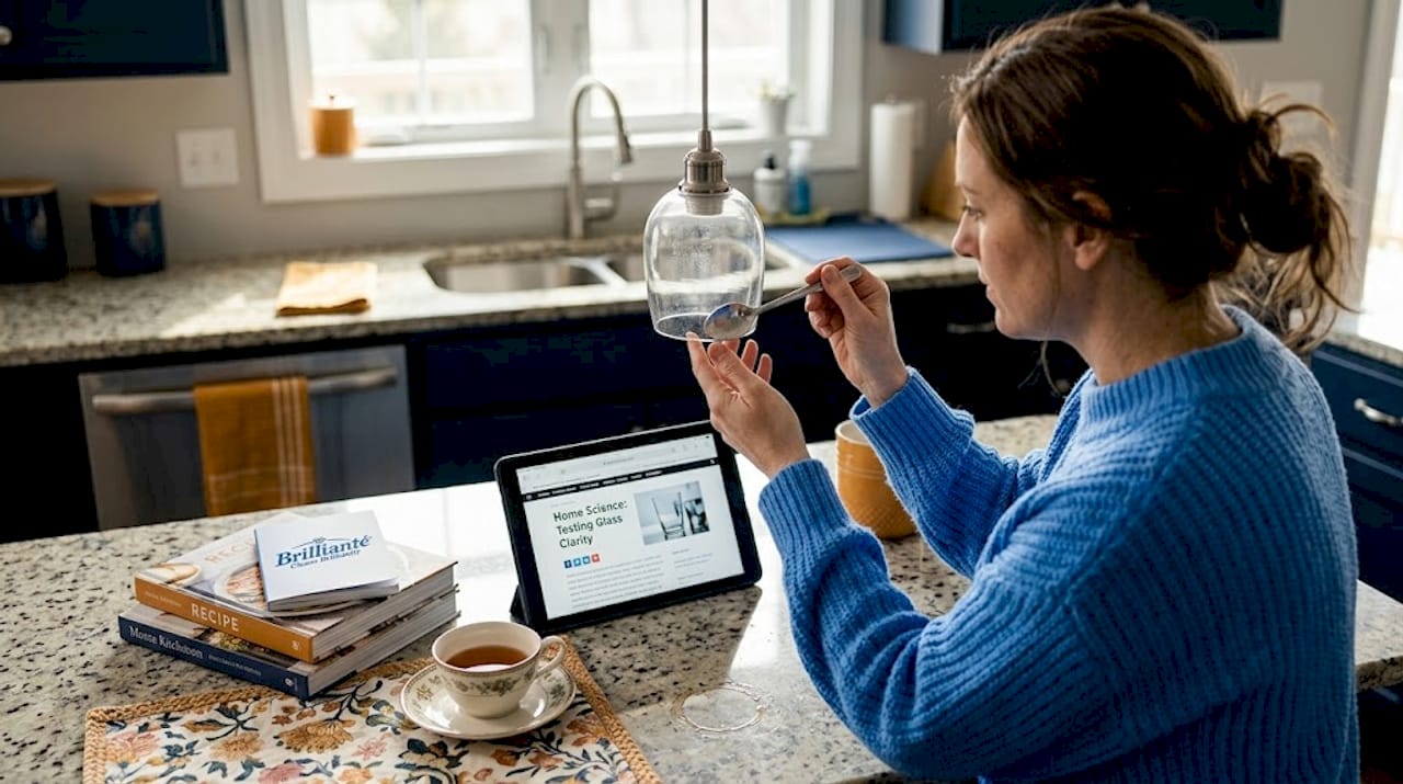 Woman tapping pendant for crystal test in kitchen