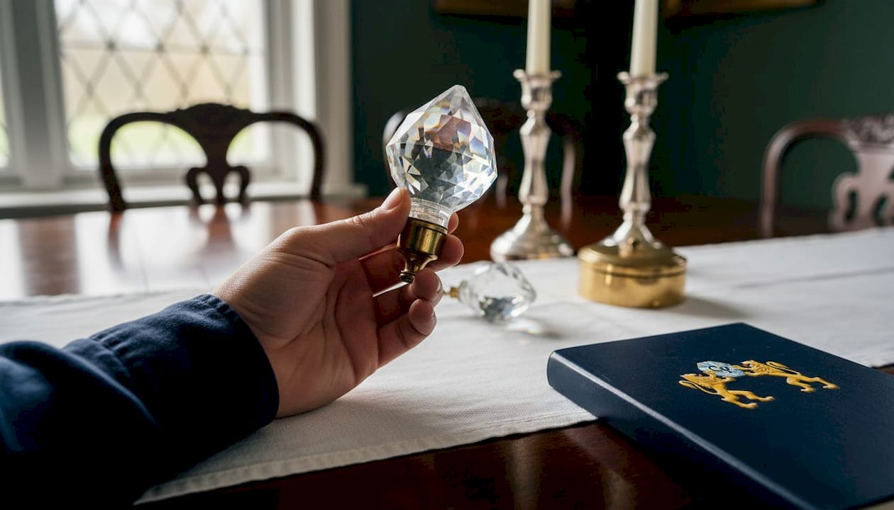 Close-up hand holding crystal chandelier finial