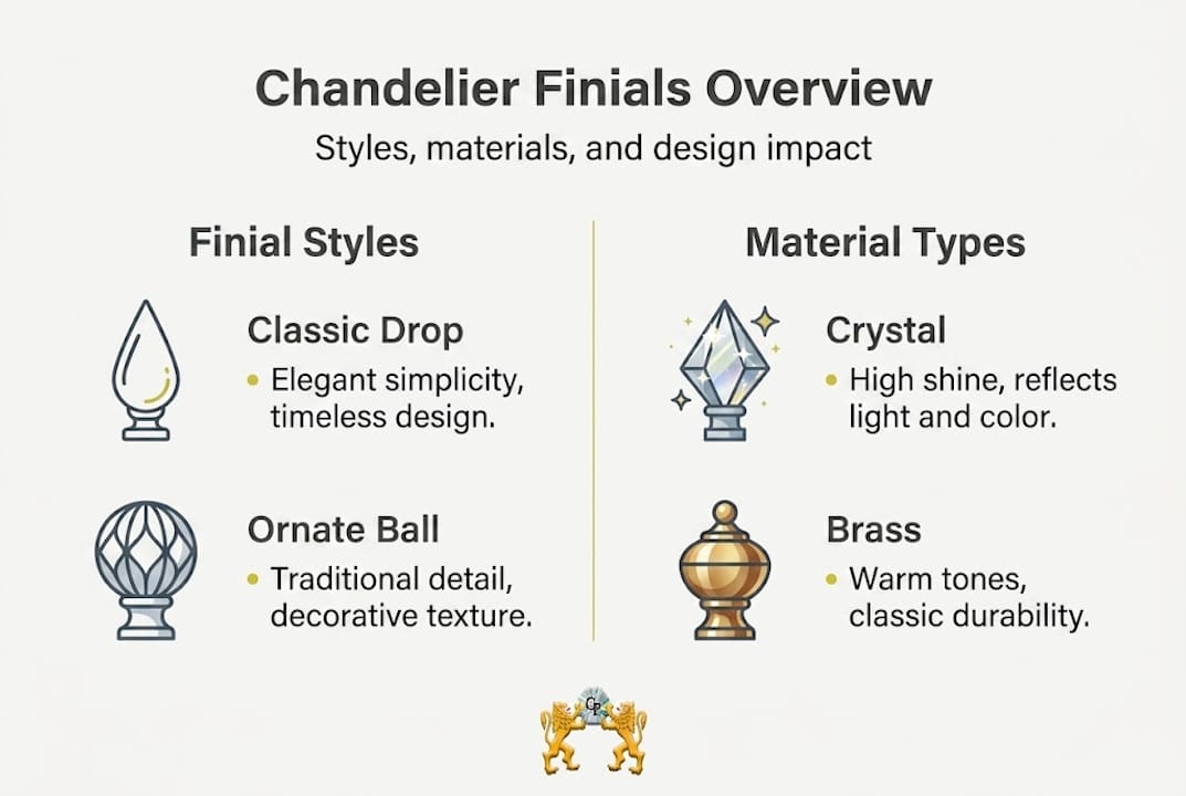 Infographic with chandelier finial styles and materials