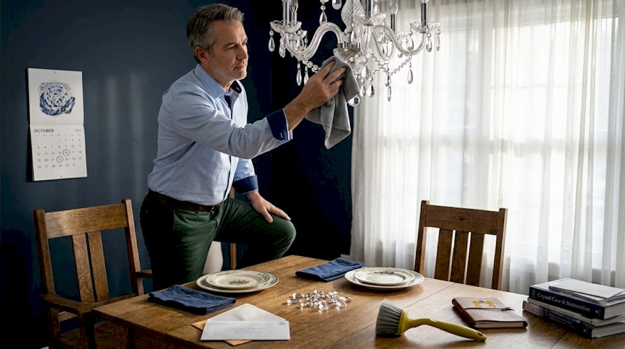 Polishing crystal chandelier in dining room
