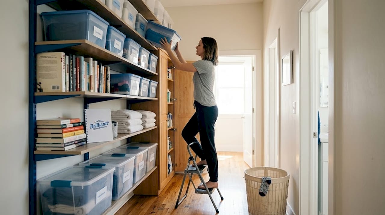 Woman arranges bins on vertical wall storage