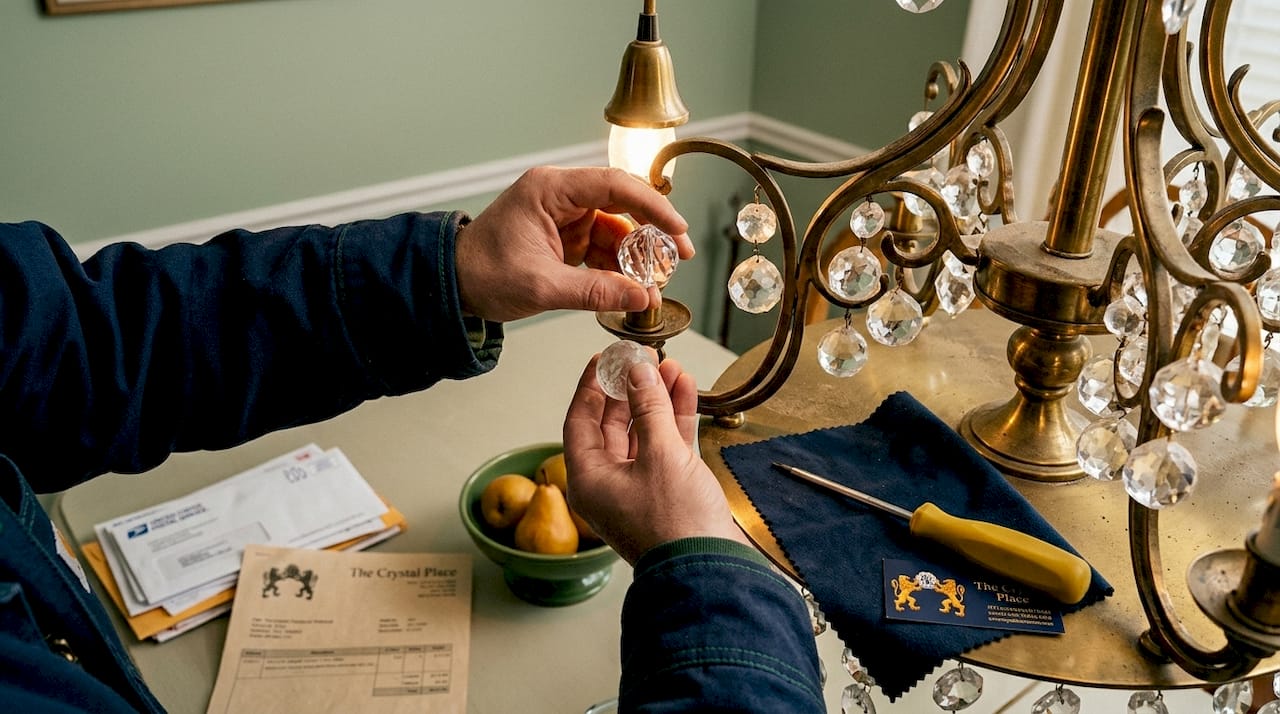 Hands replacing crystal bead on chandelier