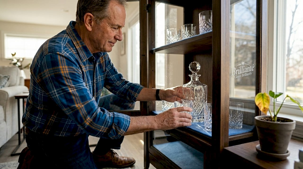 Placing lead crystal on felt-lined shelf