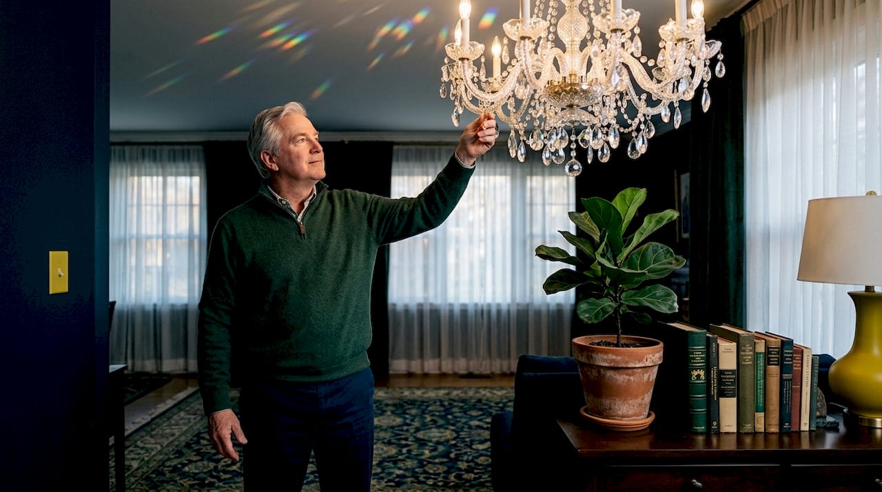 Man illuminates Swarovski chandelier in living room