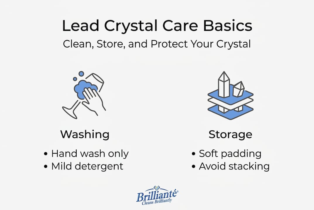 Infographic with washing and storage tips for lead crystal