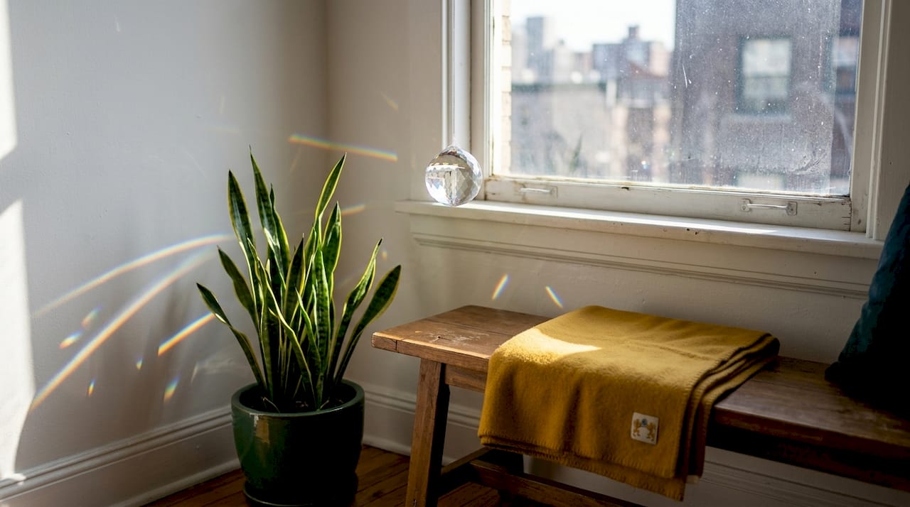 Crystal ball prism in minimalist window decor