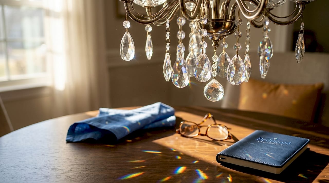 Crystal chandelier casting rainbows on wooden table