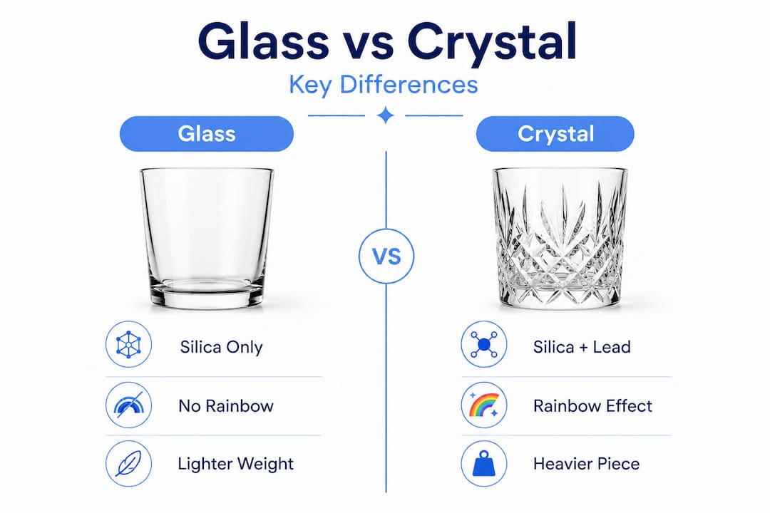 Infographic comparing glass and crystal chandelier features