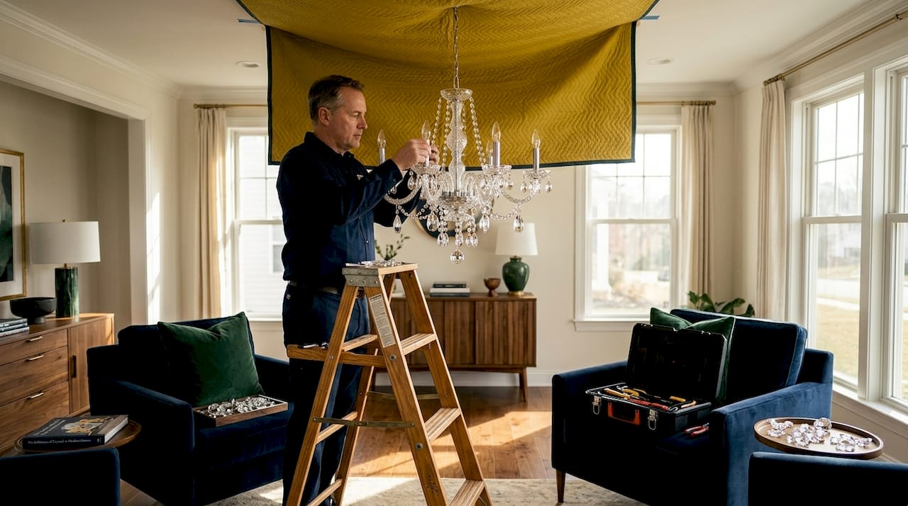 Man assembles chandelier in bright living room