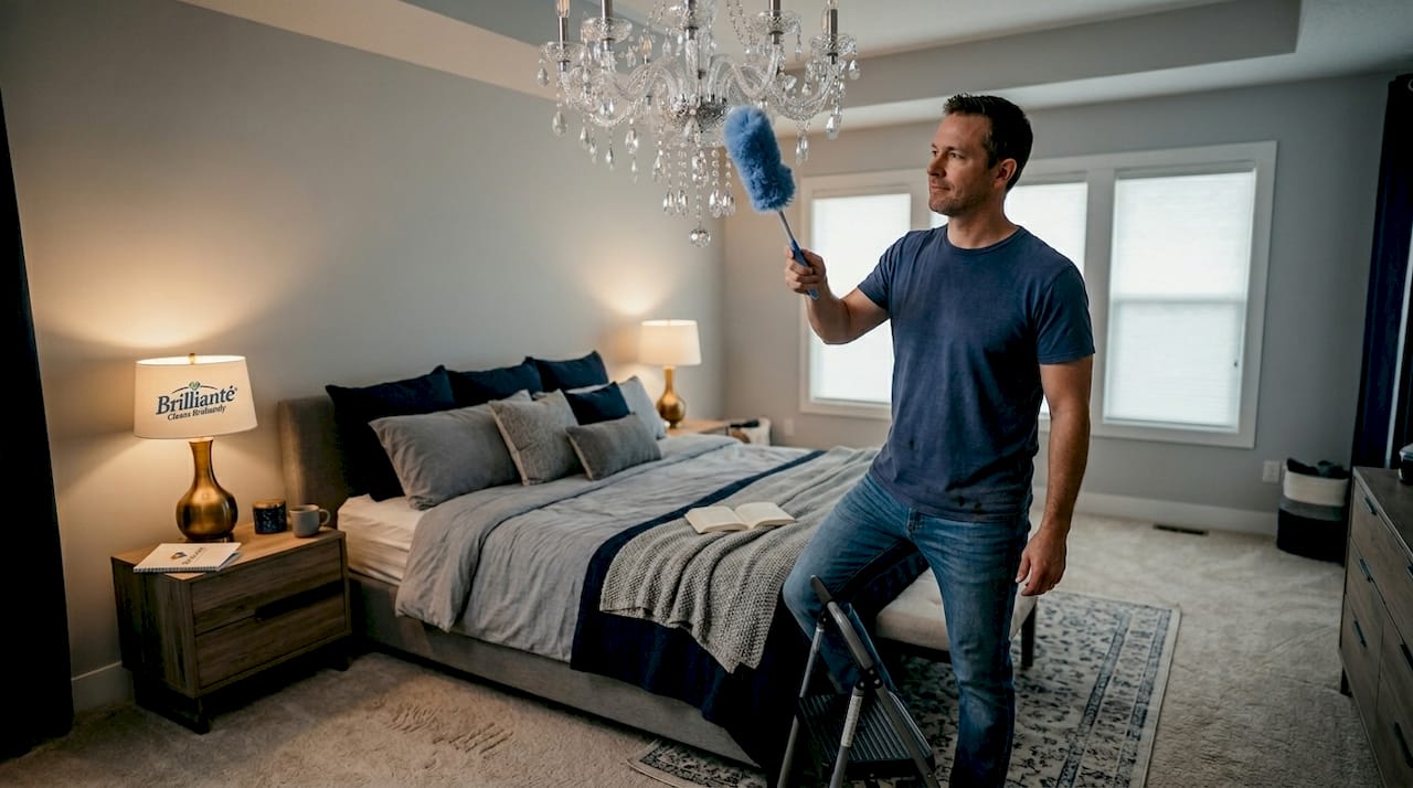 Man dusting crystal chandelier in bedroom
