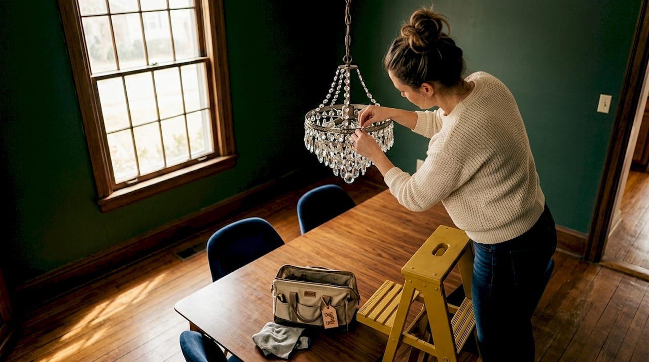 Homeowner rehanging restored crystal light fixture
