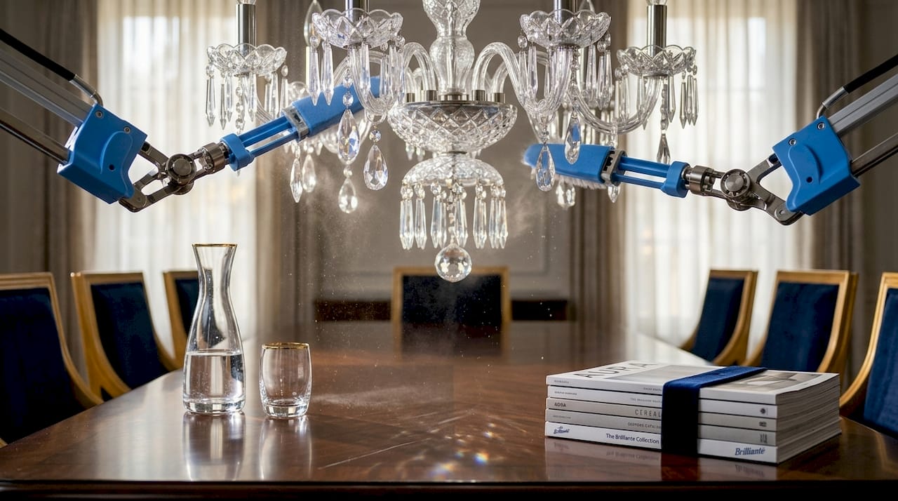 Self-cleaning chandelier with rotating tech arms