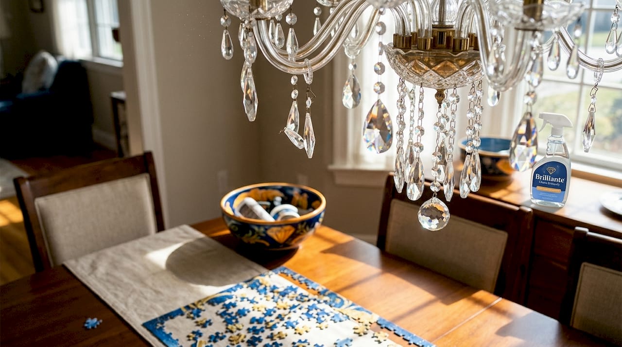 Close detail of crystal chandelier prisms sparkling