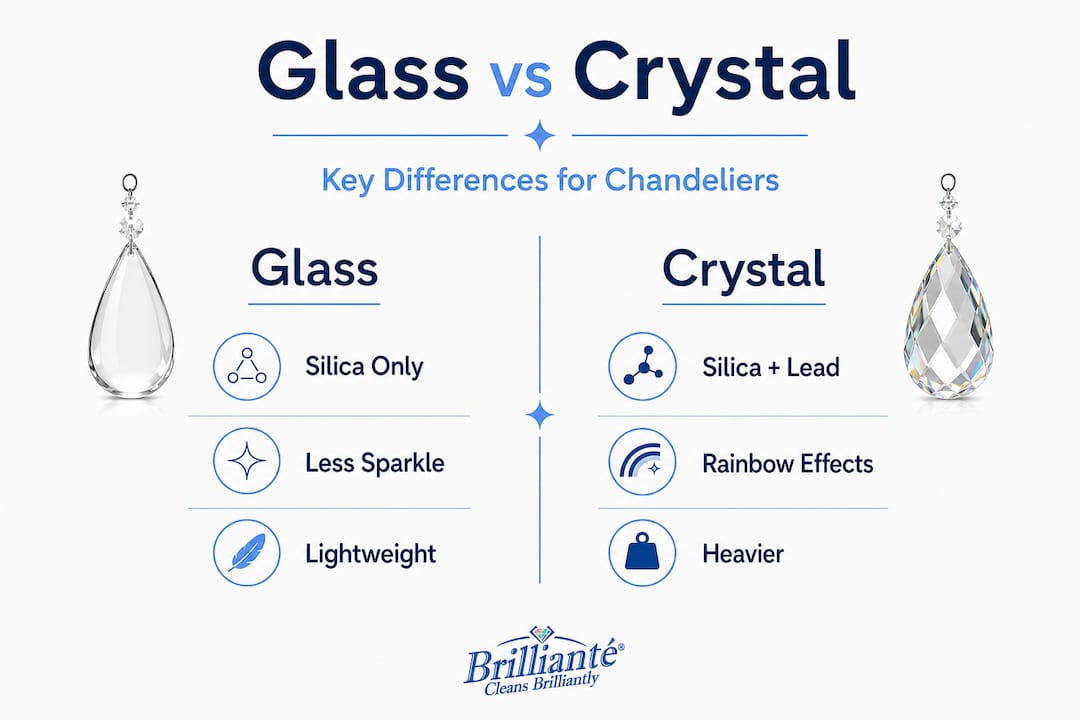 Split infographic comparing glass and crystal