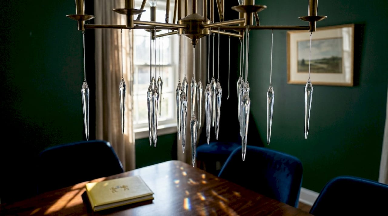 Icicle prisms on chandelier in dining room